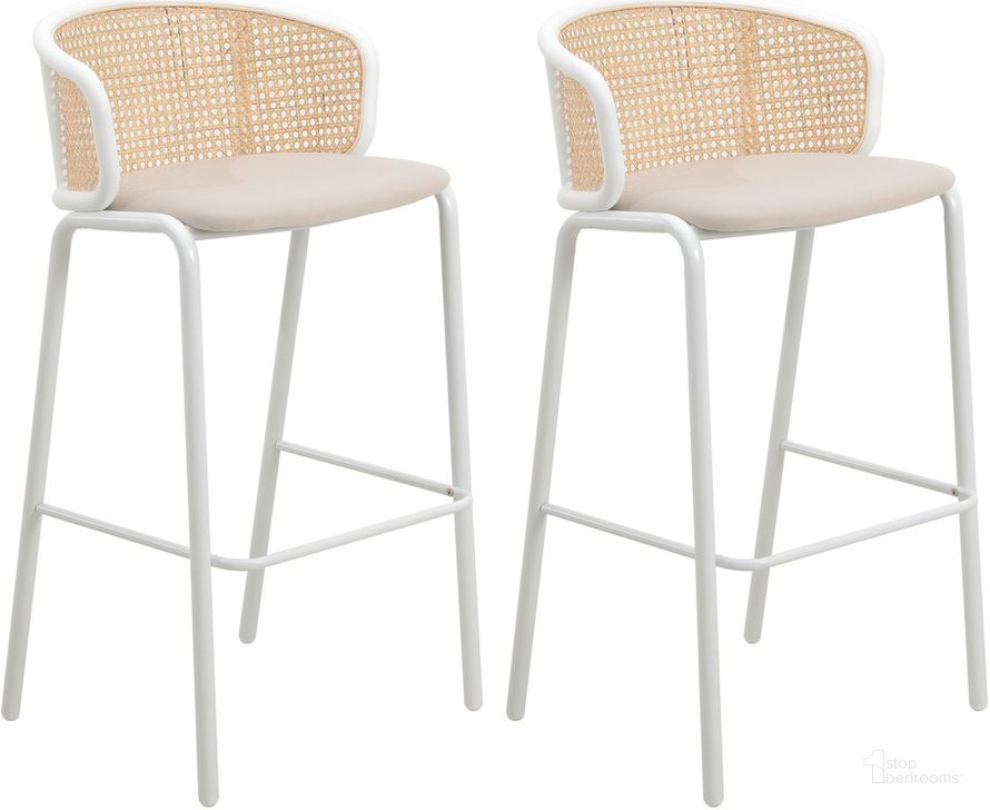 The appearance of Ervilla Wicker Bar Stool Set of 2 with Fabric Seat and White Steel Frame In Beige designed by LeisureMod in the transitional interior design. This beige/white piece of furniture  was selected by 1StopBedrooms from Ervilla Collection to add a touch of cosiness and style into your home. Sku: EBW-31BG2. Material: Steel. Product Type: Barstool. Image1