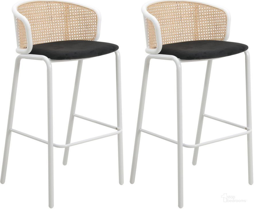 The appearance of Ervilla Wicker Bar Stool Set of 2 with Fabric Seat and White Steel Frame In Black designed by LeisureMod in the transitional interior design. This black/white piece of furniture  was selected by 1StopBedrooms from Ervilla Collection to add a touch of cosiness and style into your home. Sku: EBW-31BL2. Material: Steel. Product Type: Barstool. Image1