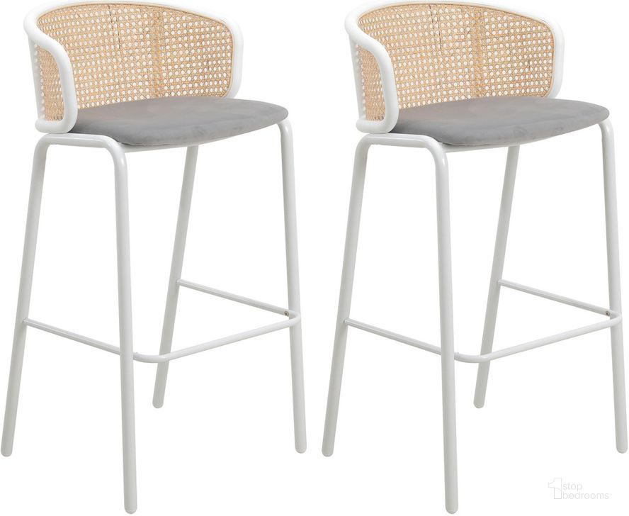 The appearance of Ervilla Wicker Bar Stool Set of 2 with Fabric Seat and White Steel Frame In Grey designed by LeisureMod in the transitional interior design. This grey piece of furniture  was selected by 1StopBedrooms from Ervilla Collection to add a touch of cosiness and style into your home. Sku: EBW-31GR2. Material: Steel. Product Type: Barstool. Image1