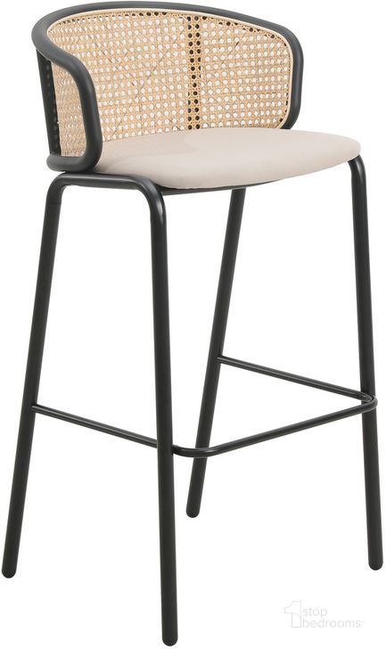 The appearance of Ervilla Wicker Bar Stool with Fabric Seat and Black Steel Frame In Beige designed by LeisureMod in the transitional interior design. This beige piece of furniture  was selected by 1StopBedrooms from Ervilla Collection to add a touch of cosiness and style into your home. Sku: EBBL-31BG. Material: Steel. Product Type: Barstool. Image1