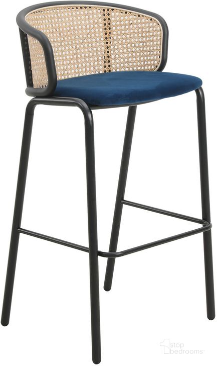 The appearance of Ervilla Wicker Bar Stool with Fabric Seat and Black Steel Frame In Navy Blue designed by LeisureMod in the transitional interior design. This navy blue piece of furniture  was selected by 1StopBedrooms from Ervilla Collection to add a touch of cosiness and style into your home. Sku: EBBL-31NBU. Material: Steel. Product Type: Barstool. Image1