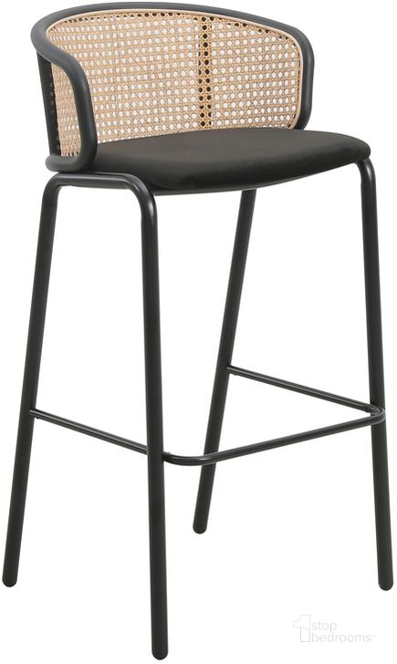 The appearance of Ervilla Wicker Bar Stool with Fabric Seat and Steel Frame In Black designed by LeisureMod in the transitional interior design. This black piece of furniture  was selected by 1StopBedrooms from Ervilla Collection to add a touch of cosiness and style into your home. Sku: EBBL-31BL. Material: Steel. Product Type: Barstool. Image1