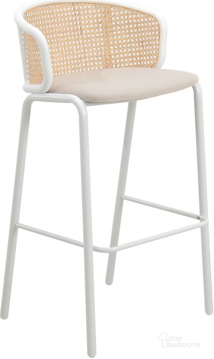The appearance of Ervilla Wicker Bar Stool with Fabric Seat and White Steel Frame In Beige designed by LeisureMod in the transitional interior design. This beige/white piece of furniture  was selected by 1StopBedrooms from Ervilla Collection to add a touch of cosiness and style into your home. Sku: EBW-31BG. Material: Steel. Product Type: Barstool. Image1