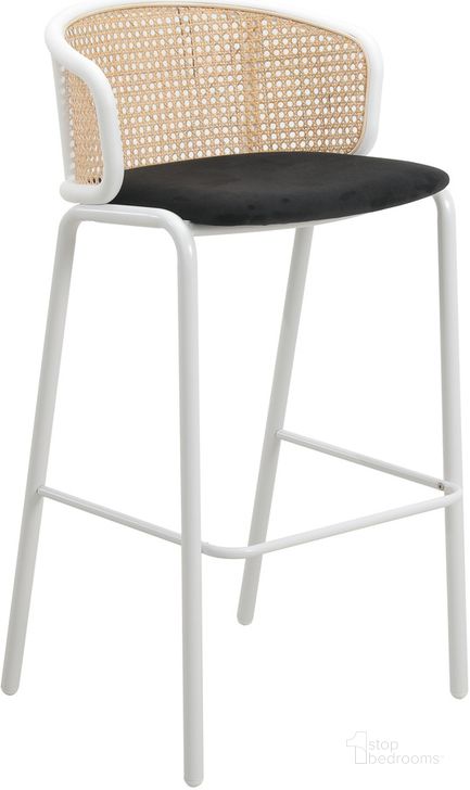The appearance of Ervilla Wicker Bar Stool with Fabric Seat and White Steel Frame In Black designed by LeisureMod in the transitional interior design. This black/white piece of furniture  was selected by 1StopBedrooms from Ervilla Collection to add a touch of cosiness and style into your home. Sku: EBW-31BL. Material: Steel. Product Type: Barstool. Image1