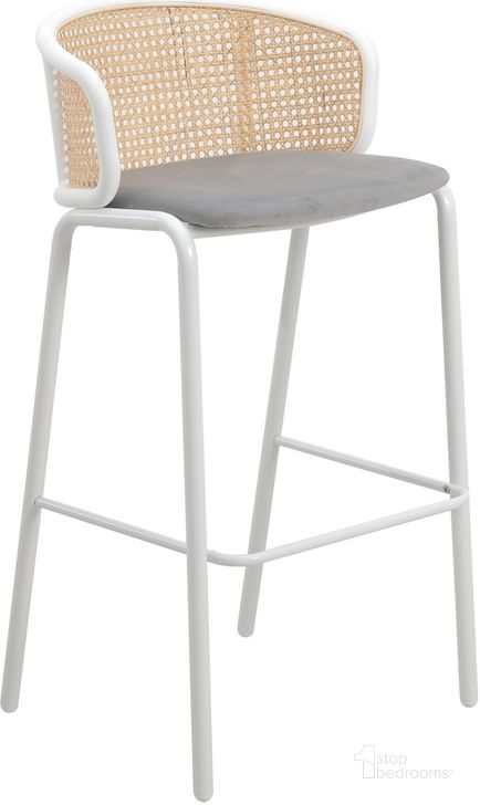 The appearance of Ervilla Wicker Bar Stool with Fabric Seat and White Steel Frame In Grey designed by LeisureMod in the transitional interior design. This white/gray piece of furniture  was selected by 1StopBedrooms from Ervilla Collection to add a touch of cosiness and style into your home. Sku: EBW-31GR. Material: Steel. Product Type: Barstool. Image1
