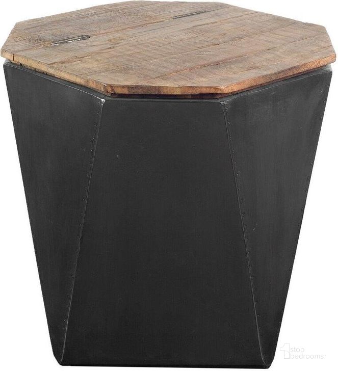 The appearance of Esagono Octagonal Black Metal-Clad Reclaimed Wood Side Table With Storage designed by Mercana in the modern / contemporary interior design. This black piece of furniture  was selected by 1StopBedrooms from Esagono Collection to add a touch of cosiness and style into your home. Sku: 67519. Material: Wood. Product Type: Side Table. Image1