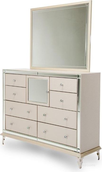 The appearance of Esmonae Frost Dresser Mirror designed by Artisan Elegance in the glam interior design. This frost piece of furniture  was selected by 1StopBedrooms from Esmonae Collection to add a touch of cosiness and style into your home. Sku: 9001650-104;9001660-08. Material: Wood. Product Type: Dresser and Mirror. Image1