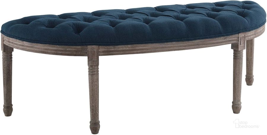 The appearance of Esteem Navy Vintage French Upholstered Fabric Semi-Circle Bench designed by Modway in the modern / contemporary interior design. This navy piece of furniture  was selected by 1StopBedrooms from Esteem Collection to add a touch of cosiness and style into your home. Sku: EEI-3369-NAV. Material: Wood. Product Type: Bench. Image1
