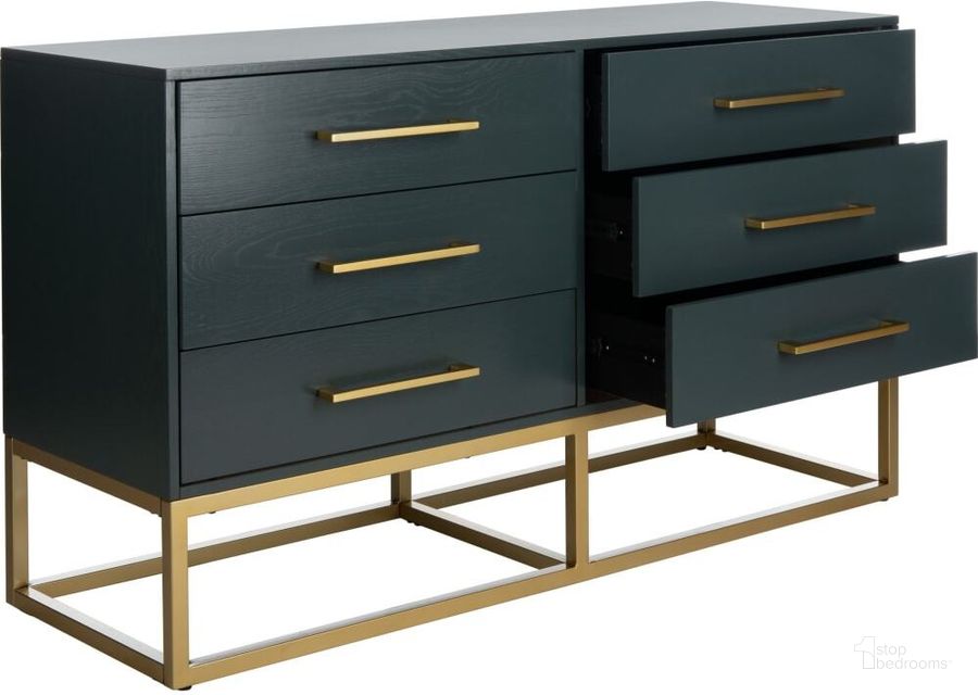 The appearance of Estelle Dresser In Teal And Gold designed by Safavieh Couture in the modern / contemporary interior design. This teal and gold piece of furniture  was selected by 1StopBedrooms from Estelle Collection to add a touch of cosiness and style into your home. Sku: SFV2105C. Material: Wood. Product Type: Dresser. Image1