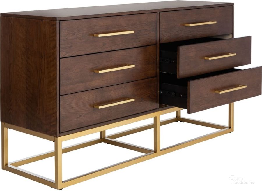 The appearance of Estelle Dresser In Walnut And Gold designed by Safavieh Couture in the modern / contemporary interior design. This walnut piece of furniture  was selected by 1StopBedrooms from Estelle Collection to add a touch of cosiness and style into your home. Sku: SFV2105B. Material: Wood. Product Type: Dresser. Image1