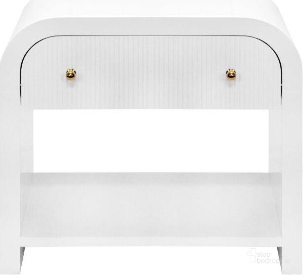 The appearance of Esther White Lacquer Waterfall Edge Side Table designed by Worlds Away in the transitional interior design. This white piece of furniture  was selected by 1StopBedrooms from Esther Collection to add a touch of cosiness and style into your home. Sku: ESTHER WH. Material: Metal. Product Type: Side Table. Image1