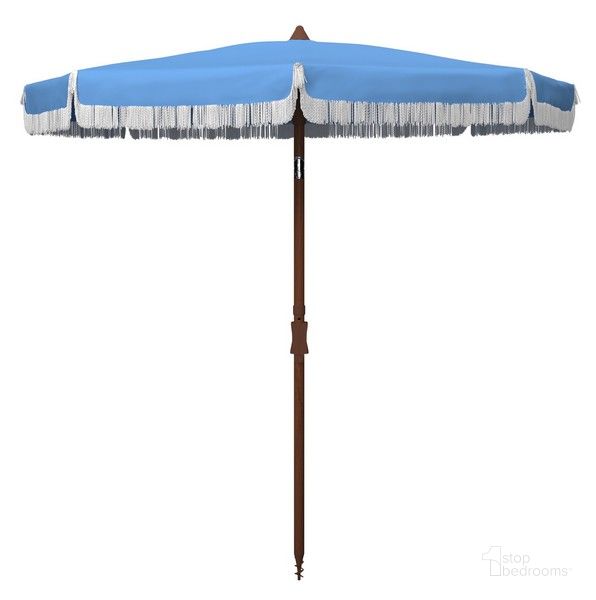 The appearance of Estonia 6.5 Ft Fringe Umbrella in Light Blue designed by Safavieh in the modern / contemporary interior design. This light blue piece of furniture  was selected by 1StopBedrooms from Estonia Collection to add a touch of cosiness and style into your home. Sku: PAT8500C. Material: Metal. Product Type: Umbrella. Image1