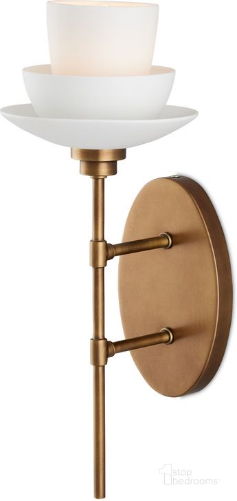 The appearance of Etiquette Wall Sconce In Antique Brass and White designed by Currey & Company in the transitional interior design. This antique brass/white piece of furniture  was selected by 1StopBedrooms from Etiquette Collection to add a touch of cosiness and style into your home. Sku: 5000-0236. Material: Metal. Product Type: Wall Sconce. Image1