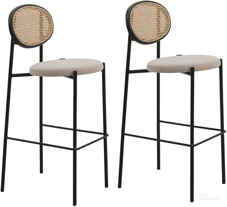 The appearance of Euston Wicker Bar Stool Set of 2 with Black Steel Frame In Beige designed by LeisureMod in the modern / contemporary interior design. This beige piece of furniture  was selected by 1StopBedrooms from Euston Collection to add a touch of cosiness and style into your home. Sku: EC29BG2. Material: Steel. Product Type: Barstool. Image1