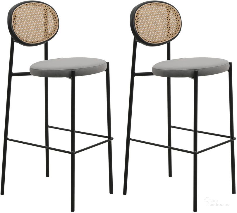 The appearance of Euston Wicker Bar Stool Set of 2 with Black Steel Frame In Grey designed by LeisureMod in the modern / contemporary interior design. This grey piece of furniture  was selected by 1StopBedrooms from Euston Collection to add a touch of cosiness and style into your home. Sku: EC29GR2. Material: Steel. Product Type: Barstool. Image1