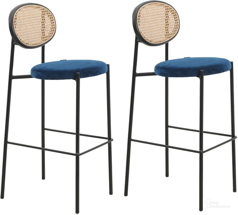 The appearance of Euston Wicker Bar Stool Set of 2 with Black Steel Frame In Navy Blue designed by LeisureMod in the modern / contemporary interior design. This navy blue piece of furniture  was selected by 1StopBedrooms from Euston Collection to add a touch of cosiness and style into your home. Sku: EC29NBU2. Material: Steel. Product Type: Barstool. Image1