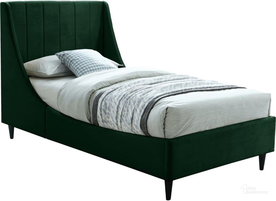The appearance of Eva Velvet Twin Bed In Green designed by Meridian in the modern / contemporary interior design. This green piece of furniture  was selected by 1StopBedrooms from Eva Collection to add a touch of cosiness and style into your home. Sku: EvaGreen-T-1;EvaGreen-T-2. Product Type: Bed. Bed Size: Twin. Material: Velvet. Image1