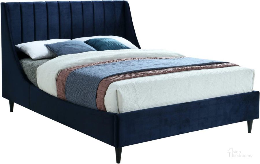 The appearance of Eva Navy Velvet Queen Bed designed by Meridian in the modern / contemporary interior design. This navy velvet piece of furniture  was selected by 1StopBedrooms from Eva Collection to add a touch of cosiness and style into your home. Sku: EvaNavy-Q-1;EvaNavy-Q-2. Bed Type: Platform Bed. Product Type: Platform Bed. Bed Size: Queen. Material: Velvet. Image1