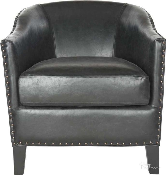 The appearance of Evander Antique Black Club Chair with Brass Nailhead Detail designed by Safavieh in the transitional interior design. This antique black piece of furniture  was selected by 1StopBedrooms from Safavieh MCR Collection to add a touch of cosiness and style into your home. Sku: MCR4732A. Product Type: Accent Chair. Material: Stainless Steel. Image1