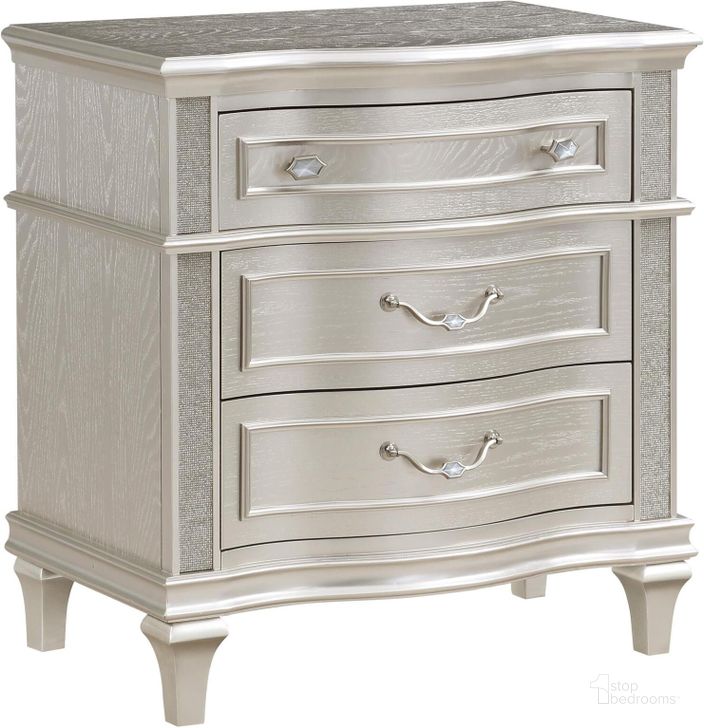 The appearance of Evangeline 3-Drawer Nightstand Silver Oak designed by Coaster in the modern / contemporary interior design. This oak/silver piece of furniture  was selected by 1StopBedrooms from Evangeline Collection to add a touch of cosiness and style into your home. Sku: 223392. Product Type: Nightstand. Material: MDF. Image1