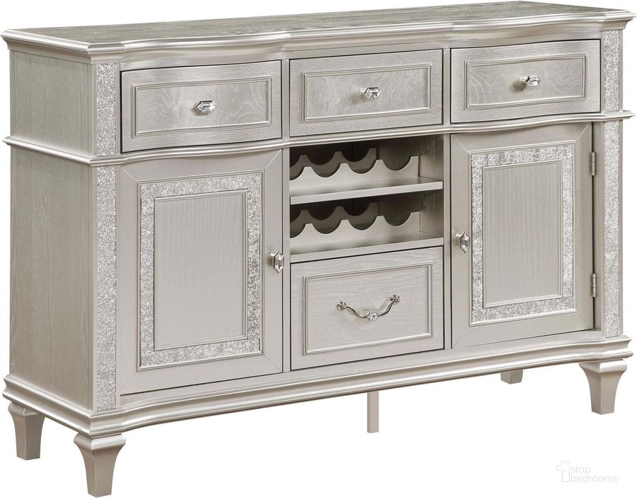 The appearance of Evangeline 4-Drawer Sideboard Server with Faux Diamond Trim In Silver Oak designed by Coaster in the glam interior design. This silver oak piece of furniture  was selected by 1StopBedrooms from Evangeline Collection to add a touch of cosiness and style into your home. Sku: 107555. Material: Wood. Product Type: Buffets, Sideboards and Server. Image1