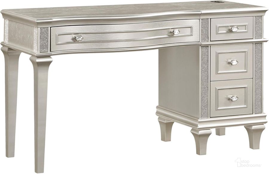 The appearance of Evangeline 4-Drawer Vanity Table with Faux Diamond Trim In Silver and Ivory designed by Coaster in the glam interior design. This ivory and silver piece of furniture  was selected by 1StopBedrooms from Evangeline Collection to add a touch of cosiness and style into your home. Sku: 223397B1;223397B2. Material: Wood. Product Type: Vanity Desk. Image1