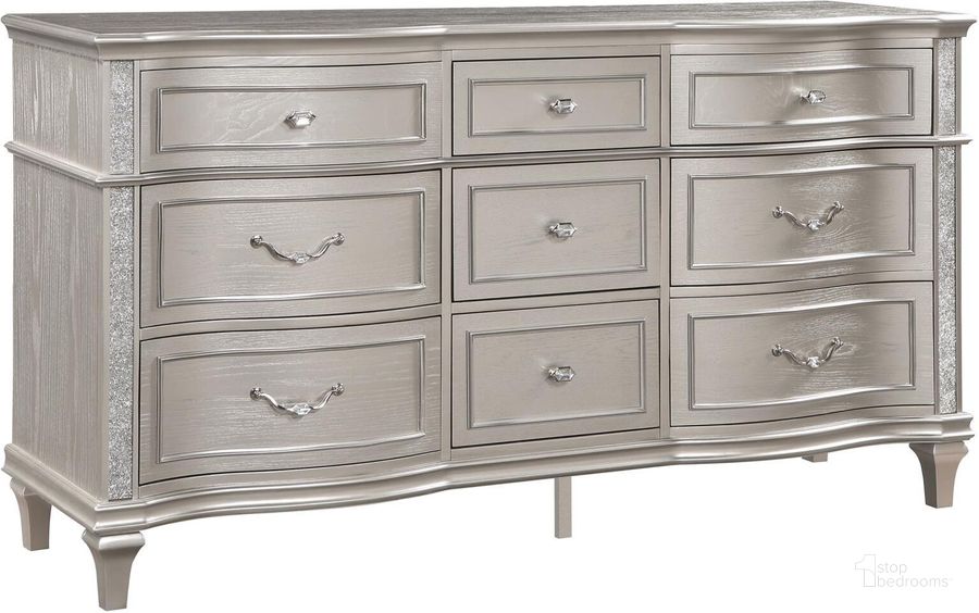 The appearance of Evangeline 9-Drawer Dresser Silver Oak designed by Coaster in the modern / contemporary interior design. This oak/silver piece of furniture  was selected by 1StopBedrooms from Evangeline Collection to add a touch of cosiness and style into your home. Sku: 223393. Product Type: Dresser. Material: MDF. Image1