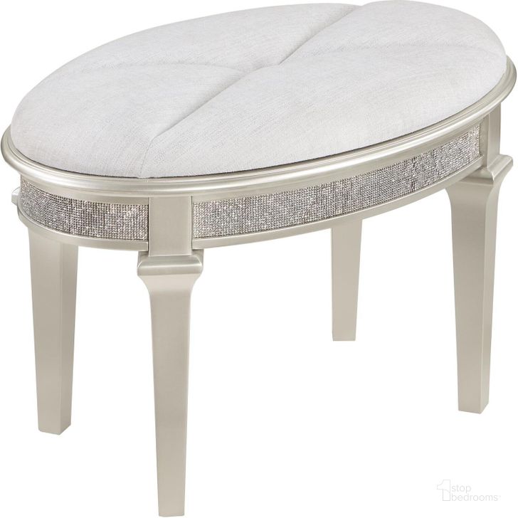 The appearance of Evangeline Oval Vanity Stool with Faux Diamond Trim In Silver and Ivory designed by Coaster in the glam interior design. This ivory and silver piece of furniture  was selected by 1StopBedrooms from Evangeline Collection to add a touch of cosiness and style into your home. Sku: 223399. Material: Wood. Product Type: Vanity Stool. Image1