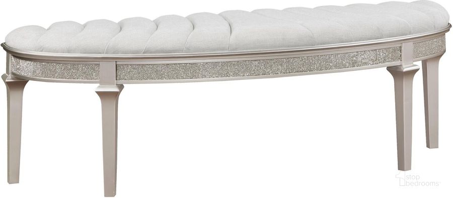 The appearance of Evangeline Upholstered Demilune Bench In Ivory and Silver Oak designed by Coaster in the glam interior design. This ivory and silver piece of furniture  was selected by 1StopBedrooms from Evangeline Collection to add a touch of cosiness and style into your home. Sku: 223396. Material: Wood. Product Type: Bench. Image1