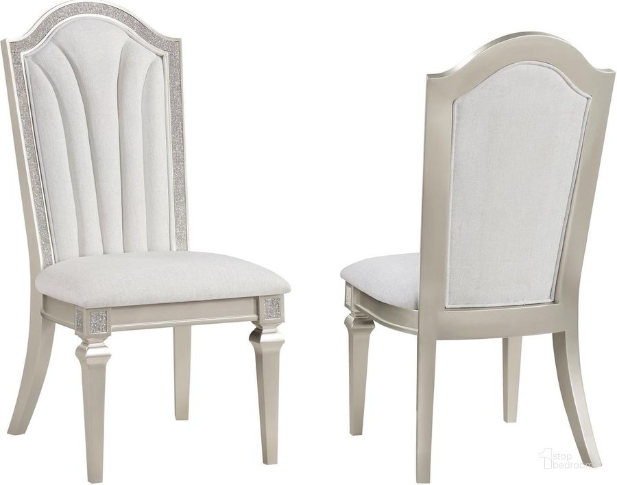 The appearance of Evangeline Upholstered Dining Side Chair with Faux Diamond Trim Set of 2 In Ivory and Silver Oak designed by Coaster in the glam interior design. This ivory and silver piece of furniture  was selected by 1StopBedrooms from Evangeline Collection to add a touch of cosiness and style into your home. Sku: 107552. Material: Wood. Product Type: Side Chair. Image1