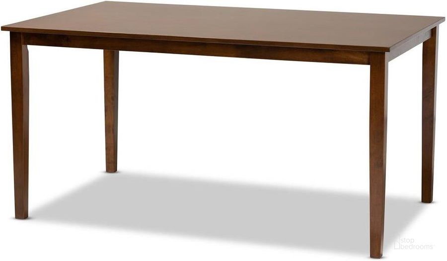 The appearance of Eveline Modern and Contemporary Walnut Brown Finished Rectangular Wood Dining Table designed by Baxton Studio in the modern / contemporary interior design. This walnut brown piece of furniture  was selected by 1StopBedrooms from Eveline Collection to add a touch of cosiness and style into your home. Sku: RH7008T-Walnut-DT. Table Base Style: Legs. Product Type: Dining Table. Material: MDF. Table Top Shape: Rectangular. Size: 59". Image1