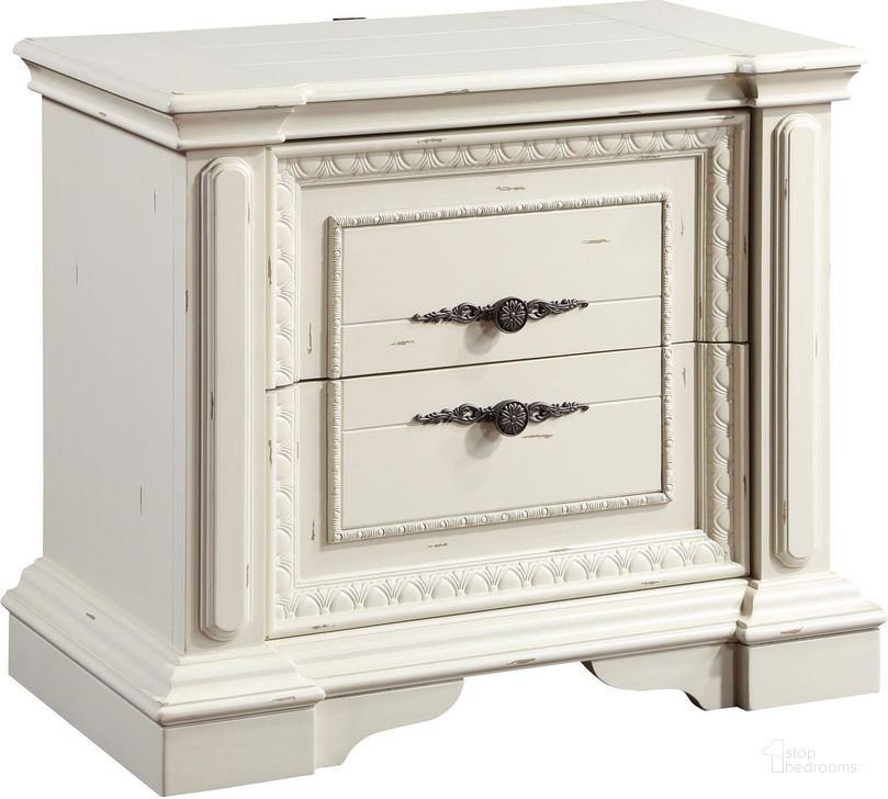 The appearance of Evelyn 2-Drawer Nightstand with USB Ports In Antique White designed by Coaster in the transitional interior design. This antique white piece of furniture  was selected by 1StopBedrooms from Evelyn Collection to add a touch of cosiness and style into your home. Sku: 224612. Material: Wood. Product Type: Nightstand. Image1