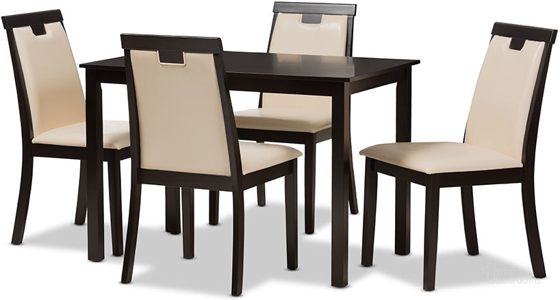 The appearance of Evelyn Modern And Contemporary Beige Faux Leather Upholstered And Dark Brown Finished 5-Piece Dining Set designed by Baxton Studio in the modern / contemporary interior design. This beige and dark brown piece of furniture  was selected by 1StopBedrooms from Evelyn Collection to add a touch of cosiness and style into your home. Sku: RH5998C-Dark Brown/Beige Dining Set. Product Type: Dining Room Set. Material: Rubberwood. Image1
