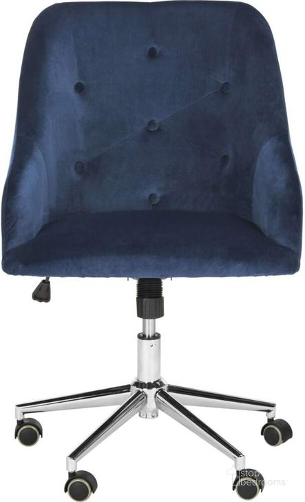 The appearance of Evelynn Navy Tufted Velvet Chrome Leg Swivel Office Chair designed by Safavieh in the modern / contemporary interior design. This navy piece of furniture  was selected by 1StopBedrooms from Evelynn Collection to add a touch of cosiness and style into your home. Sku: OCH4502B. Product Type: Office Chair. Material: Iron. Image1