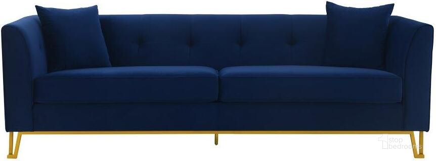 The appearance of Everest 90 Inch Blue Fabric Upholstered Sofa With Brushed Gold Legs designed by Armen Living in the transitional interior design. This blue piece of furniture  was selected by 1StopBedrooms from Everest Collection to add a touch of cosiness and style into your home. Sku: LCEV3BLUE. Material: Metal. Product Type: Sofa. Image1
