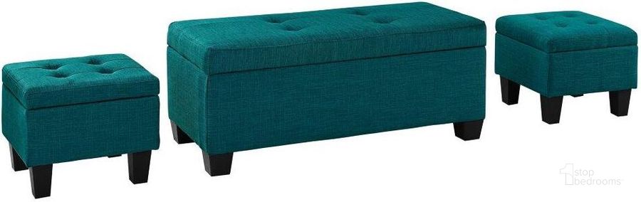 The appearance of Everett Teal 3 Piece Storage Ottoman designed by Picket House in the transitional interior design. This teal piece of furniture  was selected by 1StopBedrooms from Everett Collection to add a touch of cosiness and style into your home. Sku: UEH087100CA. Product Type: Ottoman. Material: Pine. Image1