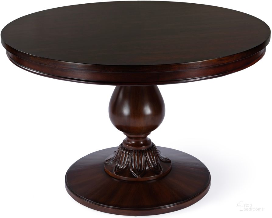 The appearance of Evie 48 Inch Round Pedestal Dining Table In Dark Brown designed by Butler Specialty Company in the traditional interior design. This dark brown piece of furniture  was selected by 1StopBedrooms from Evie Collection to add a touch of cosiness and style into your home. Sku: 5716024. Table Base Style: Pedestal. Table Top Shape: Round. Product Type: Dining Table. Material: Poplar. Size: 48". Image1