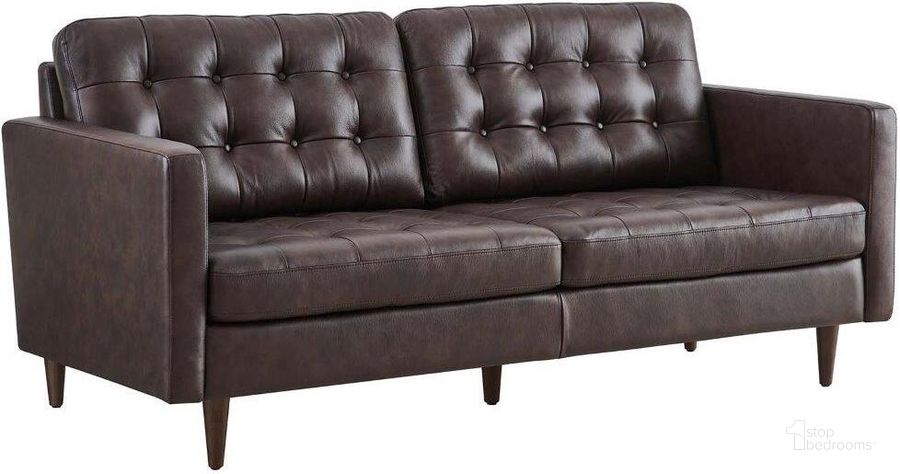 The appearance of Exalt Brown Tufted Vegan Leather Sofa designed by Modway in the modern / contemporary interior design. This brown piece of furniture  was selected by 1StopBedrooms from Exalt Collection to add a touch of cosiness and style into your home. Sku: EEI-6099-BRN. Material: Wood. Product Type: Leather Sofa. Image1
