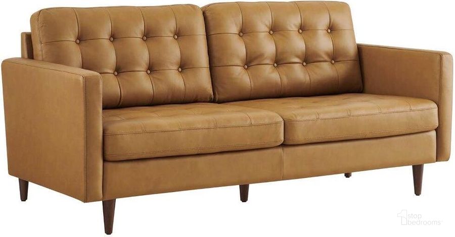 The appearance of Exalt Tan Tufted Vegan Leather Sofa designed by Modway in the modern / contemporary interior design. This tan piece of furniture  was selected by 1StopBedrooms from Exalt Collection to add a touch of cosiness and style into your home. Sku: EEI-6099-TAN. Material: Wood. Product Type: Leather Sofa. Image1