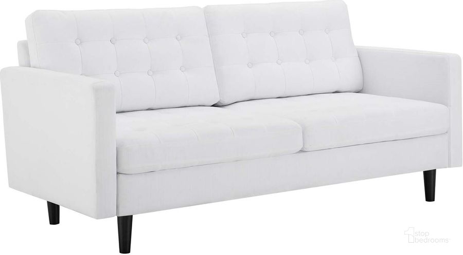 The appearance of Exalt Tufted Fabric Sofa EEI-4445-WHI designed by Modway in the modern / contemporary interior design. This white piece of furniture  was selected by 1StopBedrooms from Exalt Collection to add a touch of cosiness and style into your home. Sku: EEI-4445-WHI. Material: Wood. Product Type: Sofa. Image1