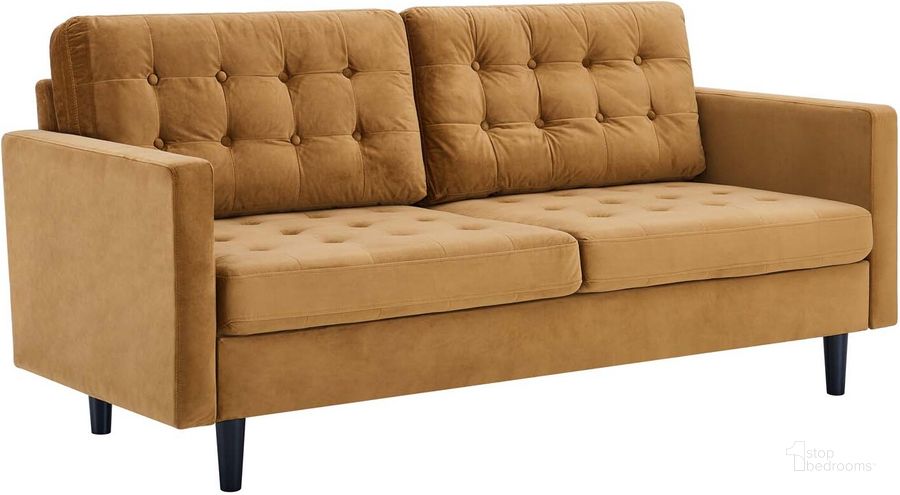 The appearance of Exalt Tufted Performance Velvet Sofa EEI-4444-COG designed by Modway in the modern / contemporary interior design. This cognac piece of furniture  was selected by 1StopBedrooms from Exalt Collection to add a touch of cosiness and style into your home. Sku: EEI-4444-COG. Material: Wood. Product Type: Sofa. Image1
