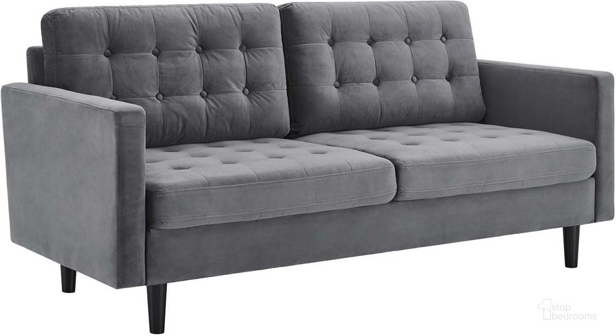 The appearance of Exalt Tufted Performance Velvet Sofa EEI-4444-GRY designed by Modway in the modern / contemporary interior design. This gray piece of furniture  was selected by 1StopBedrooms from Exalt Collection to add a touch of cosiness and style into your home. Sku: EEI-4444-GRY. Material: Wood. Product Type: Sofa. Image1