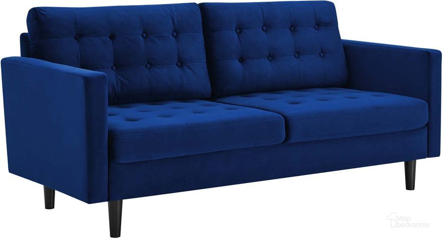 The appearance of Exalt Tufted Performance Velvet Sofa EEI-4444-NAV designed by Modway in the modern / contemporary interior design. This navy piece of furniture  was selected by 1StopBedrooms from Exalt Collection to add a touch of cosiness and style into your home. Sku: EEI-4444-NAV. Material: Wood. Product Type: Sofa. Image1