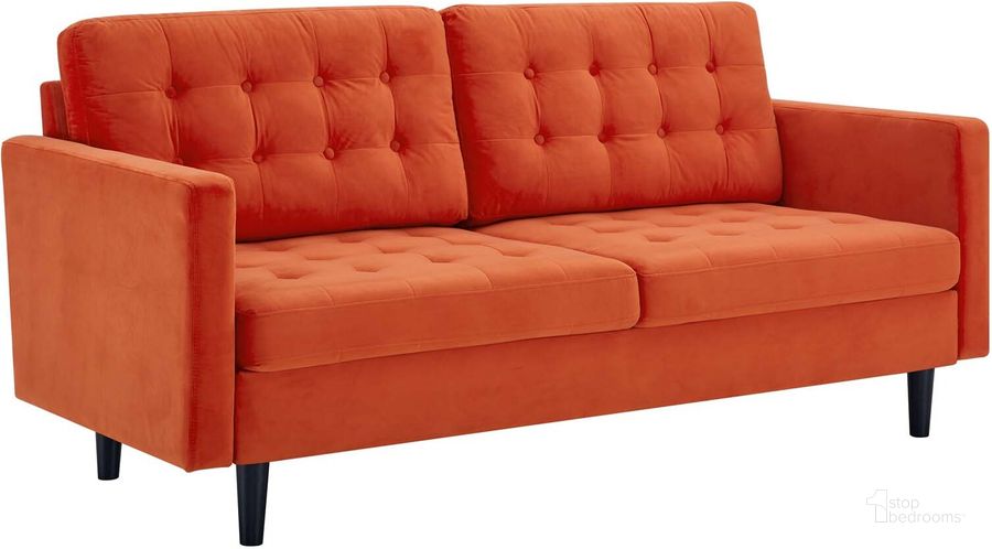 The appearance of Exalt Tufted Performance Velvet Sofa EEI-4444-ORA designed by Modway in the modern / contemporary interior design. This orange piece of furniture  was selected by 1StopBedrooms from Exalt Collection to add a touch of cosiness and style into your home. Sku: EEI-4444-ORA. Material: Wood. Product Type: Sofa. Image1