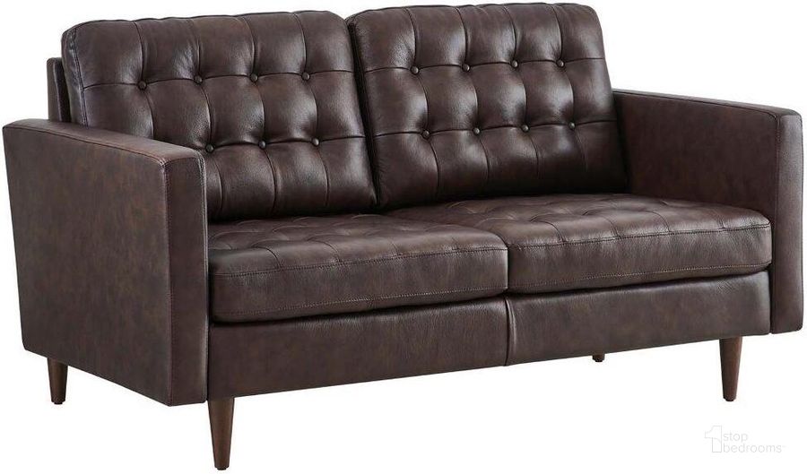 The appearance of Exalt Tufted Vegan Leather Loveseat In Brown designed by Modway in the transitional interior design. This brown piece of furniture  was selected by 1StopBedrooms from Exalt Collection to add a touch of cosiness and style into your home. Sku: EEI-6100-BRN. Material: Wood. Product Type: Loveseat. Image1