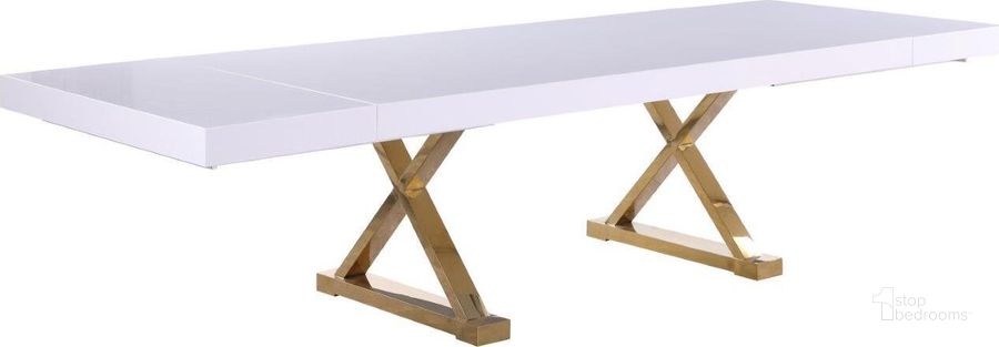 The appearance of Excel White Lacquer Extendable Dining Table 994-T designed by Meridian in the modern / contemporary interior design. This white piece of furniture  was selected by 1StopBedrooms from Excel Collection to add a touch of cosiness and style into your home. Sku: 994-T-1;994-T-2;994-T-3. Table Base Style: Double Pedestal. Product Type: Dining Table. Table Top Shape: Rectangular. Material: Stainless Steel. Image1