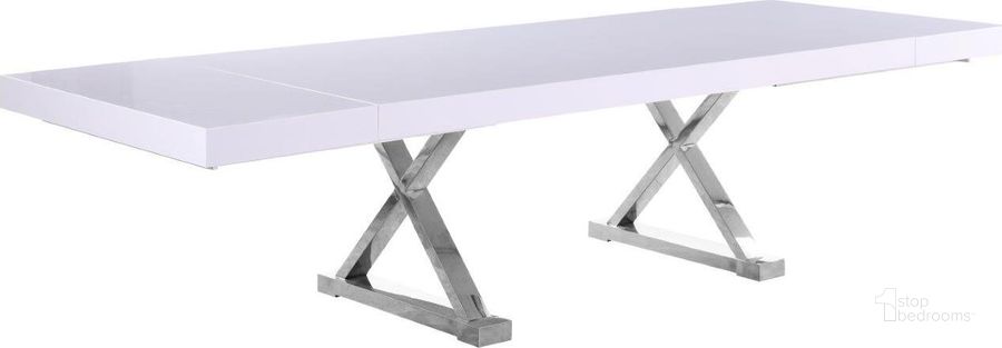 The appearance of Excel White Lacquer Extendable Dining Table 997-T designed by Meridian in the modern / contemporary interior design. This white and chrome piece of furniture  was selected by 1StopBedrooms from Excel Collection to add a touch of cosiness and style into your home. Sku: 997-T-1;997-T-2;997-T-3. Table Base Style: Double Pedestal. Product Type: Dining Table. Table Top Shape: Rectangular. Material: Stainless Steel. Image1