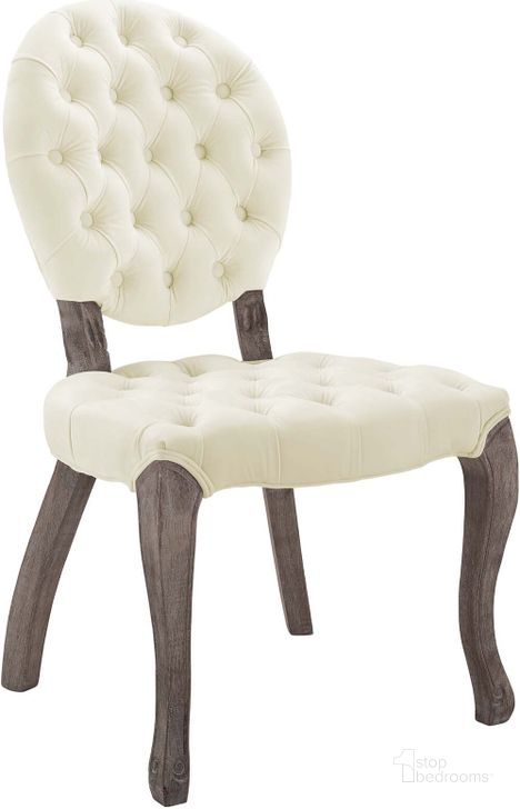 The appearance of Exhibit Ivory French Vintage Dining Performance Velvet Side Chair designed by Modway in the modern / contemporary interior design. This ivory piece of furniture  was selected by 1StopBedrooms from Exhibit Collection to add a touch of cosiness and style into your home. Sku: EEI-3365-IVO. Material: Wood. Product Type: Side Chair. Image1