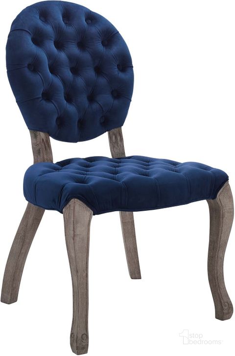 The appearance of Exhibit Navy French Vintage Dining Performance Velvet Side Chair designed by Modway in the modern / contemporary interior design. This navy piece of furniture  was selected by 1StopBedrooms from Exhibit Collection to add a touch of cosiness and style into your home. Sku: EEI-3365-NAV. Material: Wood. Product Type: Side Chair. Image1