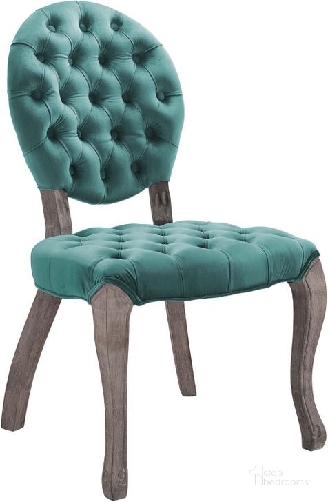The appearance of Exhibit Teal French Vintage Dining Performance Velvet Side Chair designed by Modway in the modern / contemporary interior design. This teal piece of furniture  was selected by 1StopBedrooms from Exhibit Collection to add a touch of cosiness and style into your home. Sku: EEI-3365-TEA. Material: Wood. Product Type: Side Chair. Image1